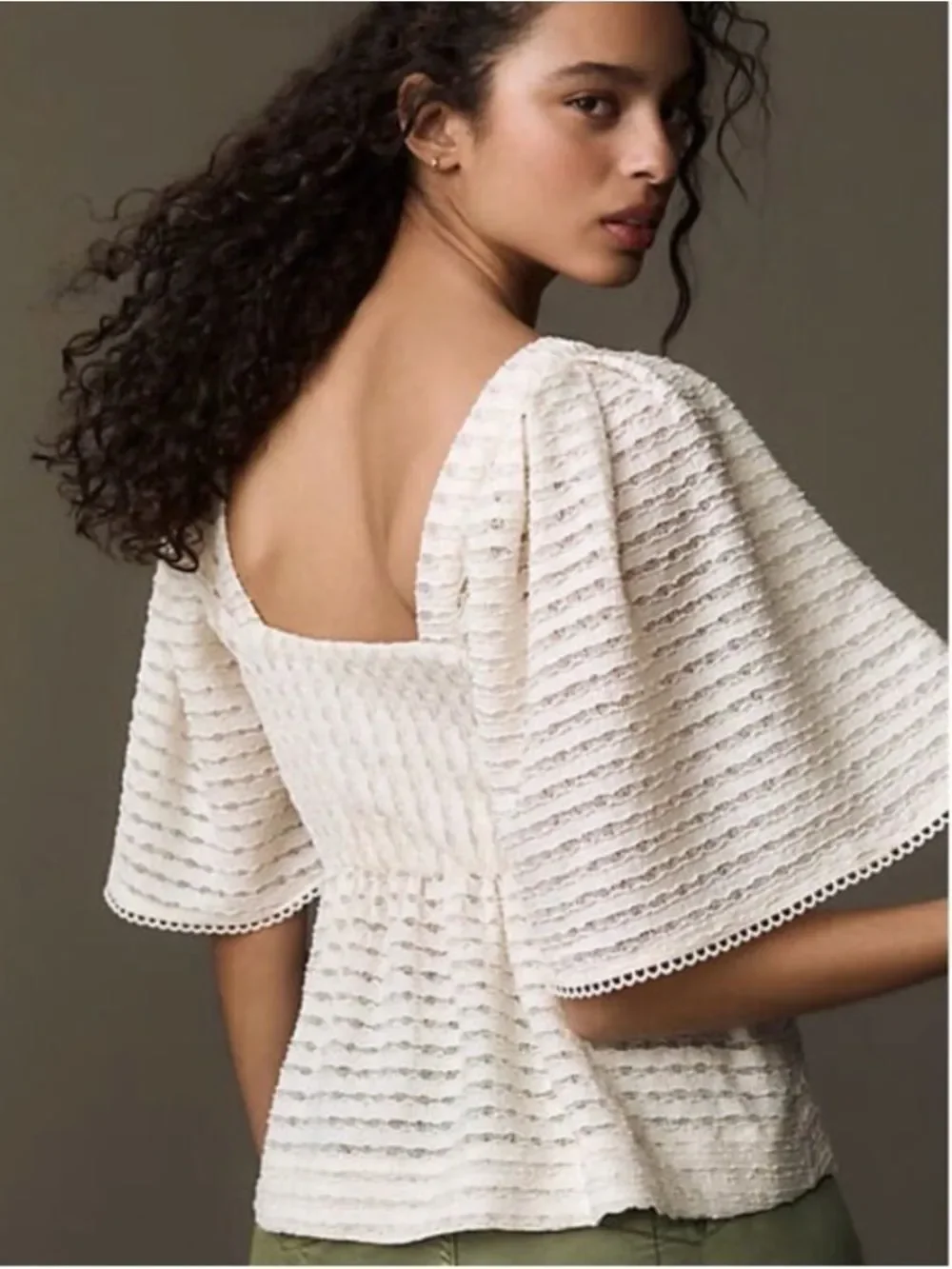 Anthropologie Sarah Hann Flutter-Sleeve Crochet Babydoll Top Size M